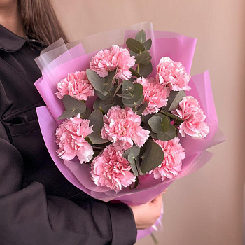 9 розовых гвоздик с эвкалиптом